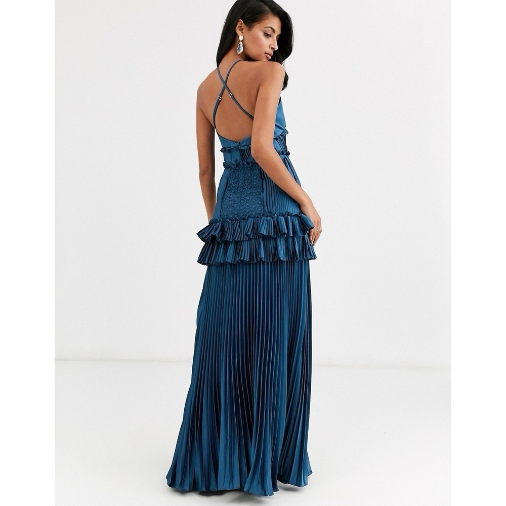 True Decadence Pleated Plisse Tiered Navy Maxi Dress HS1271 US 2 UK 6 - Picture 3 of 9
